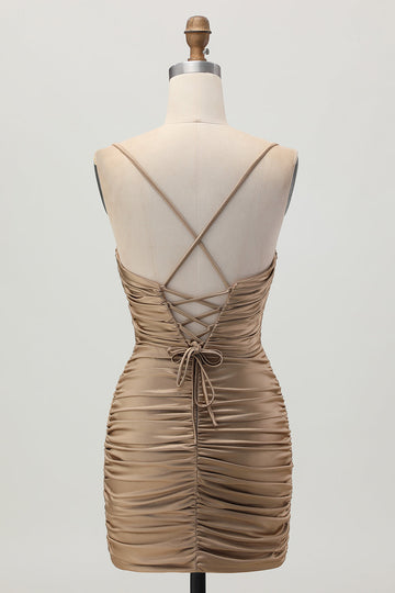 Dark Khaki Ruched Cut-Out Tight Mini Cocktail Dress with Lace Up Back